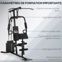 HOMCOM Station de musculation fitness avec 9 blocs de poids de 5 kg entrainement complet - dim.180L x 108l x 200H cm(m-6)