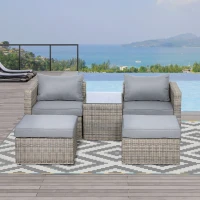 Outsunny 5 Piece Rattan Garden Furniture Set w/ 10cm Thick Cushions, Aluminium Frame Wicker Outdoor Balcony Sofa Set with Corner Armchairs, Ottomans, and Glass Top Table, Mixed Brown(m-11)