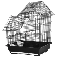 PawHut Cage à oiseaux design maison mangeoires perchoirs balançoire 2 portes plateau excrément amovible + poignée transport métal noir(m-10)