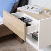 HOMCOM Juego de 2 Mesitas de Noche Flotantes Mesitas de Noche Colgantes con 1 Cajón y Estante Abierto 46x30x30cm Roble y Blanco(m-9)