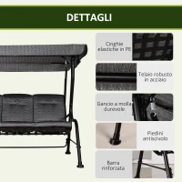 Outsunny Dondolo da Giardino per 3 Persone con Tettuccio Regolabile e Cuscini, 200x120x170cm, Nero(m-7)