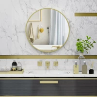 HOMCOM Espejo de Baño Redondo Ø70 cm Espejo Decorativo de Pared con Marco de Aluminio y Gancho Fácil Instalación Dorado(m-2)