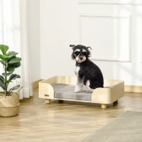 Pawhut Haustiersofa Hundematte Katzensofa Hundecouch Hundebett mit Kissen Indoor modernes Sofa für kleine und mittelgroße Hundesofa Kiefernholz Natur+Hellgrau 75,5 x 45,7 x 21 cm(m-2)