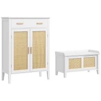 HOMCOM Lot de Banc à chaussures + Meuble à chaussures - meuble de rangement pour l'entrée - 2 portes effet cannage - blanc(m-10)