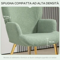 HOMCOM Sedia per Soggiorno con Schienale Alto in Acciaio e Tessuto Effetto Sherpa, 73x68x111 cm, Verde e Oro(m-4)