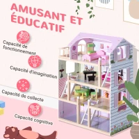 HOMCOM Maison de poupée en Bois Jeu d'imitation 4 Étages pour 3+ ans avec 13 Accessoires Grand réalisme Multi-équipement 60L x 30l x 80H cm Blanc et Rose(m-5)