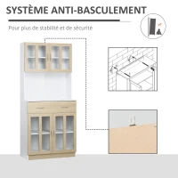HOMCOM Buffet haut de Cuisine Armoire de Cuisine Multi-Rangement 4 Portes vitrine Verre avec étagère tiroir Coulissant Grand Plateau en Bois Blanc Aspect chêne Clair(m-7)
