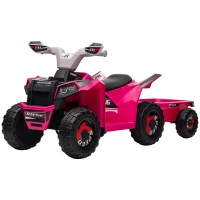 HOMCOM 6V Quad Bike with Back Trailer, Wear-Resistant Wheels, for Ages 18-36 Months, Pink(m-11)