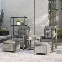 Outsunny 5 Pieces Rattan Bistro Set with Adjustable Back, Reclining Wicker Balcony Furniture with Cushions, Glass Top Coffee Table and Footstools, Outdoor Table and Chairs, Light Grey(m-10)