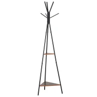 HOMCOM Porte-manteau trépied style industriel branches 2 étagères + 6 patères dim. 52L x 46l x 182H cm métal noir panneaux particules boisés(m-10)