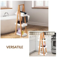 Kleankin Scaffale Bagno 3 Ripiani in MDF e Bambù, 30x18x81cm, Colore Legno e Grigio(m-6)