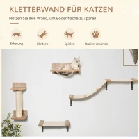 PawHut 4tlg. Kletterwand für Katzen Katzenkletterwand mit Kratzbaum Katzentreppe Katzenmöbel Hängematte Hellbraun Sisal Acryl Kiefer(m-4)