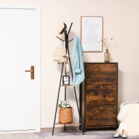 HOMCOM Porte-manteau trépied style industriel branches 2 étagères + 6 patères dim. 52L x 46l x 182H cm métal noir panneaux particules boisés(m-2)