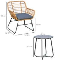 Outsunny Ensemble Bistro de Jardin 2 Places 3 pièces Style Exotique 2 fauteuils + Table Basse résine tressée Beige Acier époxy Gris(m-3)