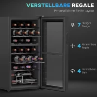 HOMCOM Kleiner Weinkühlschrank, Mini-Kühlschrank für 28 Flaschen, 74 Liter Kapazität, Glastür, LED-Beleuchtung, Touch-Screen(m-7)