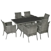 Outsunny Ensemble Salon de Jardin 6 Personnes - Grande Table rectangulaire, 6 fauteuils - 6 Coussins d'assise déhoussables Inclus - métal époxy Verre trempé 5 mm résine tressée Grise(m-10)