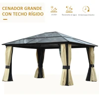 Outsunny Cenador de Jardín 4,2x3,6 m de Aluminio Pabellón de Exterior con Techo de Policarbonato 4 Cortinas Laterales y 4 Mosquiteras con Cremallera Gazebo para Fiestas Eventos Marrón(m-4)