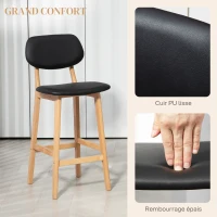 HOMCOM Lot de 2 tabourets de bar, chaises hautes, revêtement synthétique avec dossier et pieds en bois, noir(m-5)