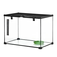 PawHut Terrarium für Reptilien Reptile Fütterungsbox Glasterrarium Amphibien Spinnentiere mit Thermometer Reptilienzuchtbox für Schnecken Amphibien Insekten Schildkröten Schwarz 50 x 30 x 35 cm(m-10)