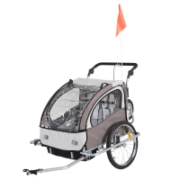 HOMCOM Remolque Infantil 2 Plazas para Bicicleta 2en1 Convertible en Carrito con Reflectores Cinturón 5 puntos Beige y Marrón(m-10)