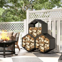 Outsunny Fireplace Log Rack, Steel Firewood Log Holder, 3 Hexagon Boxes, Indoor Outdoor Wood Storage Shelf, 113 x 37 x 113cm, Black(m-10)