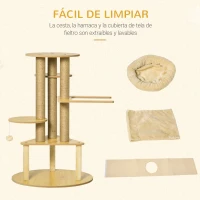PawHut Árbol Rascador para Gatos Ø60x99 cm con Cueva Triangular de Fieltro Extraíble Hamaca Cama Lavable Postes Rascador de Yute Plataformas y Bola Colgante Beige y Natural(m-5)