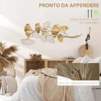 HOMCOM Decorazione Murale 3D in Metallo, Wall Art Dorata con Foglie di Ginkgo 138x70cm(m-5)