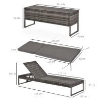 Outsunny 3pz Componibile 2 Lettini Prendisole (60 x 195 x 86cm) 1 Tavolino (121 x 40 x 50cm) Rattan con Materassini Grigio(m-3)