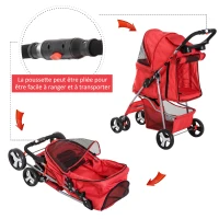PawHut Poussette buggy pour chiens 75L x 46l x 94H cm pliable imperméable tissu 600D Oxford 4 roues rouge(m-4)
