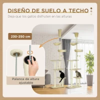 PawHut Árbol para Gatos de Suelo a Techo de 230-250 cm con Altura Ajustable Múltiples Plataformas Cestos Hamaca Bolas Beige(m-5)