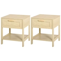 HOMCOM Bedside Table, Nightstand with Rattan Drawer and Storage Open Shelf, Farmhouse Side Table for Bedroom, Living Room, Set of 2(m-11)