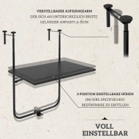 Outsunny Balkontisch, für Geländer 6-15cm Dicke, verstellbar, klappbar, rostfreies Metall, 62x60x85,5cm, Schwarz(m-4)