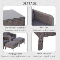 Outsunny Set Mobili da Giardino 2 Poltrone 2 Poggiapiedi 1 Tavolino in Vetro Temperato Rattan Grigio(m-6)
