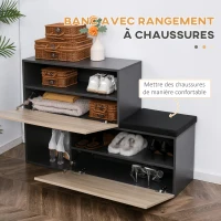 HOMCOM Ensemble de meuble d'entrée avec banc à chaussures, meuble à chaussures, 4 patères et étagère pour l'entrée, noir et naturel(m-6)