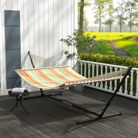 Outsunny Outdoor Garden Hammock with Stand, Double Cotton Hammock with Adjustable Steel Frame, Swing Hanging Bed with Pillow, for Garden, Patio, Beach, Red Stripes(m-2)