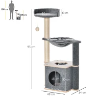 PawHut Cat Tree for Indoor Cats 95cm Climbing Tower Kitten Activity Center with Sisal Scratching Post Perch Roomy Condo Hammock Removable Felt Hanging Toy, Grey(m-3)
