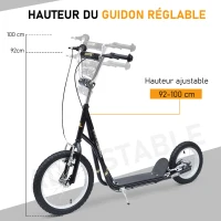 HOMCOM Trottinette patinette pour Enfants à partir de 5 Ans Grands pneus Guidon réglable poignée Frein et béquille Acier Noir(m-5)