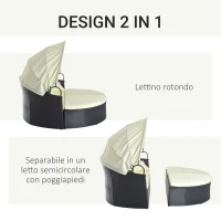 Outsunny Divano da Giardino in Rattan Modulabile con Tenda Parasole, Lettino, Poggiapiedi e Cuscini, Crema e Nero(m-4)