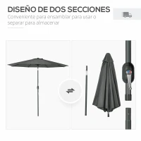 Outsunny Parasol de Jardín de Aluminio  Ø264x253 cm con Ángulo Ajustable Protección UV 50+ Manivela Gris(m-6)