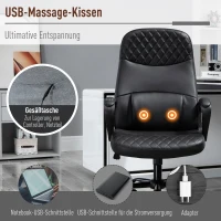 Vinsetto Bürostuhl Massage höhenverstellbarer Chefsessel Gamingstuhl mit Massagefunktion ergonomischer Drehstuhl Massage Sessel PU-Leder Stahl Schwarz 60 x 70 x 109-119 cm(m-4)