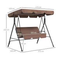 Outsunny 3 Seater Garden Swing Chair, Outdoor Swing Chair with Adjustable Canopy, Mental Frame & Cushions, Brown(m-3)