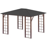 Outsunny Tonnelle pavillon de jardin avec toit rigide 364 x 299 x 280 cm structure en métal marron gris(m-7)