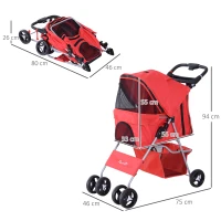 PawHut Passeggino per Cani Piccoli Pieghevole, Carrozzina per Cani con Ruote con Freni, Portabicchieri, Cestino Portaoggetti, 3 Finestre e Ruote Anteriori a 360°, per Animali Domestici 10 kg, Rosso(m-3)