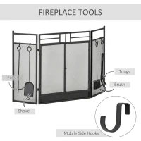 HOMCOM 3 Panel Folding Fireplace Screen with 4 Tools Set, Steel Mesh Spark Guard with Double Door for Open Fire, Log Burner, 122W x 80H cm, Black(m-7)