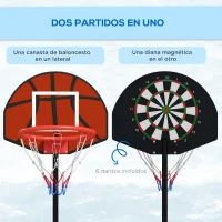 SPORTNOW Canasta de Baloncesto Ajustable con Diana Magnética y Dardos Base Rellenable para Interior Ø38x129-179 cm Negro(m-4)
