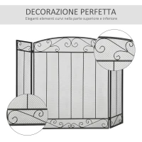 HOMCOM Parascintille Caminetto con 3 Pannelli Pieghevoli in Metallo e Acciaio Nero 105x1.6x80.5cm(m-5)