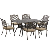 Outsunny 7 PCs Garden Patio Dining Set with Parasol Hole, Cast Aluminium Outdoor Furniture Set with Six Cushioned Chairs and Rectangle Dining Table, for Garden, Lawn, Deck, Bronze Tone(m-1)