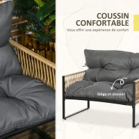 Outsunny Ensemble salon de jardin 4 pièces canapé 2 places 2 fauteuils et 1 table basse plateau verre trempé 3 coussins - gris(m-5)