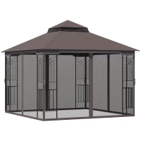 Outsunny Gartenpavillon mit Doppeldach Pavillon Gartenzelt Festzelt Partyzelt mit 4 x Seitenwand Metall+Polyester Kaffee 2,99 x 2,99 x 2,74 m(m-10)