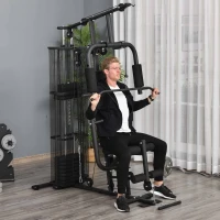 HOMCOM Station de musculation entrainement complet développé couché butterfly barre latissimus curler bande résistance 10 contrepoids 45 kg avec filet de protection acier noir(m-2)